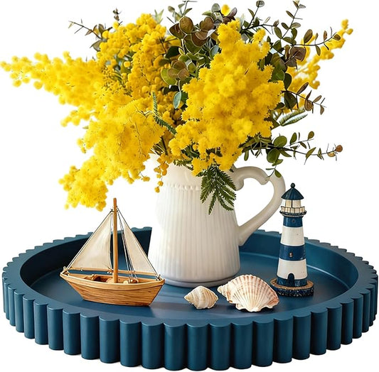 Handmade 12in Decorative Tray for Coffee Table Tray Decor, Blue Wooden Decorative Round Tray for Kitchen, Living Room, Home Decor