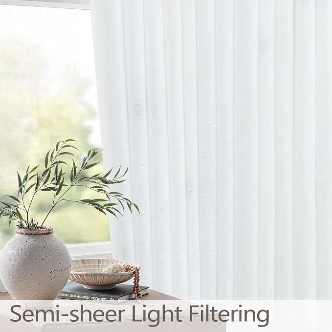 White Short Linen Curtains 45 Inch Length 2 Panel Set for Small Windows Bedroom Rustic Farmhouse Linen Cotton Light Filtering Pinch Pleated Drapes Back Tab Semi Sheer Kitchen Curtains 45 Inches Long