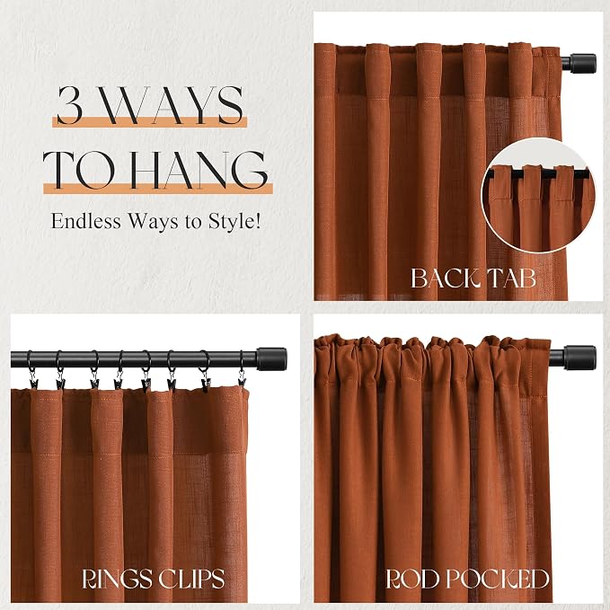 Jowels Terracotta Linen Curtains 100 Inch Long 2 Panels for Living Room | Burnt Orange Light Filtering Semi Sheer Curtain,Back Tab Pocket Pleated Look,Boho Textured Privacy Drapes for Bedroom Window