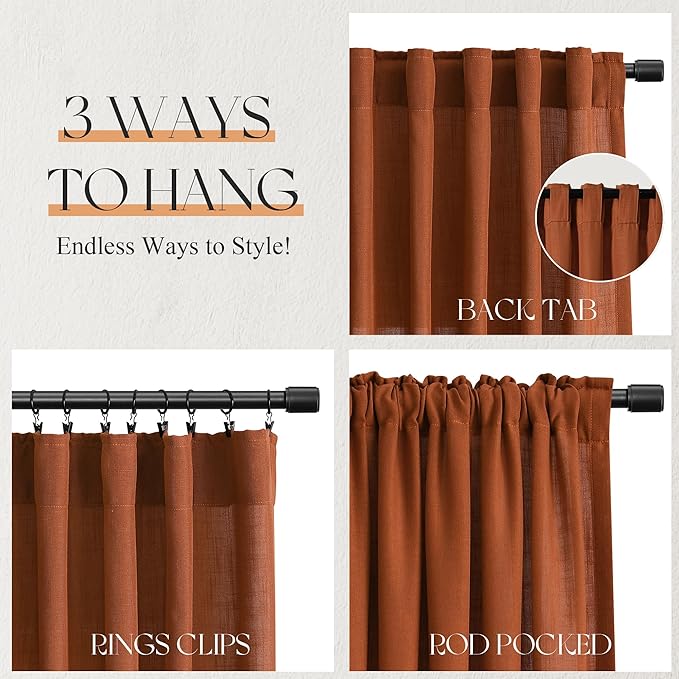 Jowels Terracotta Linen Curtains 108 Inch Long 2 Panels for Living Room | Burnt Orange Light Filtering Semi Sheer Curtain,Back Tab Pocket Pleated Look,Boho Textured Privacy Drapes for Bedroom Window