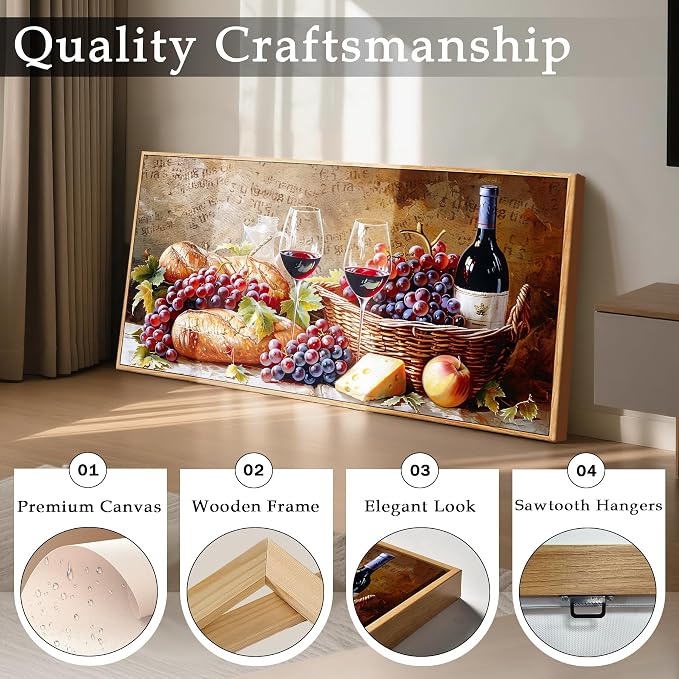 imjiayu Oversized Wall Art, Framed Wall Art, Dining Room Wall Decor, Vintage Wine Food Canvas Prints, Fruit Grape Autumn Art, Rustic Pictures for Living Room Home Bar Restaurant Decorations 29"x57"