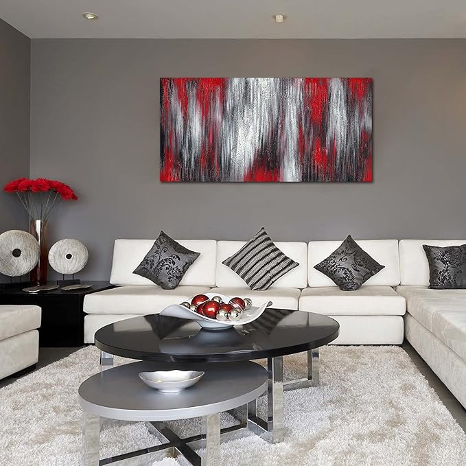 MyArton Large Abstract Red Black White Canvas Wall Art Modern Hand Painted Textured Oil Painting Framed Ready to Hang 60x30inch for Living Room Decor for Bedroom Decoration