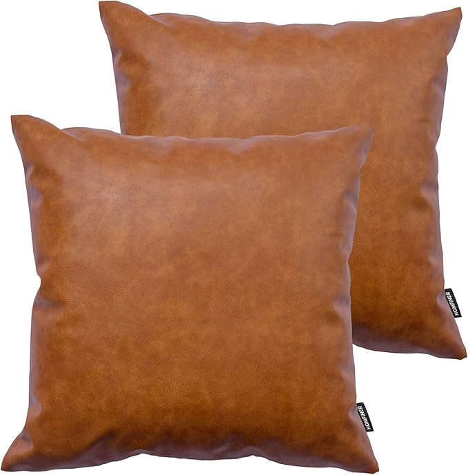 Faux Leather Throw Pillow Covers 24x24 inch, Set of 2 Thick Cognac Brown Big Extra Large Modern Solid Decorative Square Minimalist Cushion Cases for Couch Bed Sofa