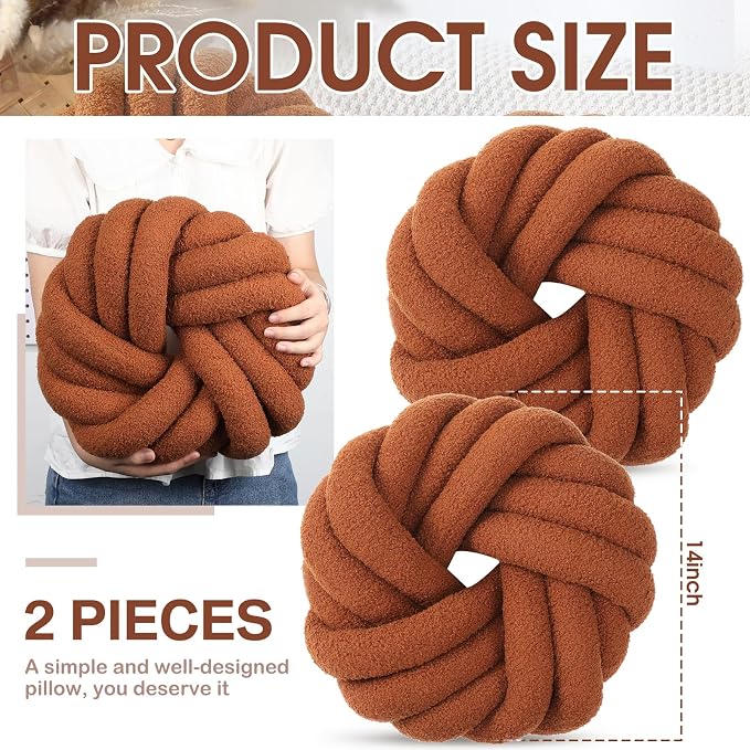Marsui 2 Pieces Knot Ball Pillows 14 x 14 Inch Decorative Pillow for Couch Bedroom Plush Throw Knot Pillow Soft Handmade Chair Cushion for Living Room Car Decorations (Caramel)