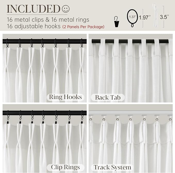 Beige White Pinch Pleated Linen Curtains 80 Inch Length 2 Panels for Living Dining Room Ivory Cream Light Filtering Textured Semi Sheer Pleated Privacy Drapes for Modern Window Back Tab with Hooks