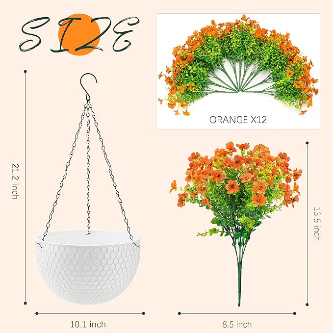 Der Rose Artificial Hanging Flowers Basket for Faux Plants Outdoor Spring Summer Decoration UV Resistant Fake Flowers for Patio Balcony Farmhouse Decor(Orange)