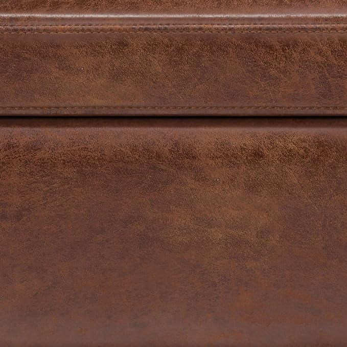 SIMPLIHOME Owen Lift Top Coffee Table Storage Ottoman - 42 inch Wide Upholstered Vegan Leather Rectangular Lift-Top Ottoman in Distressed Saddle Brown, Mid-Century Modern Ottoman for Living Room