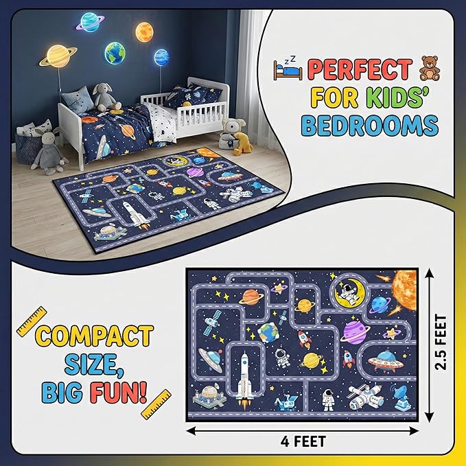 Outer Space Rug for Boys Room 2.5x4 Feet, Non-Slip Kids Rug with Roads and Tracks, Solar System Planet Play Mat, Galaxy Area Rug for Bedroom, Playroom, Educational Floor Carpet