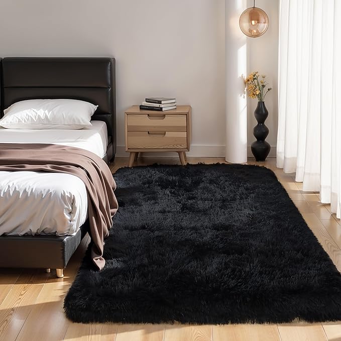 KICHOWUA Thick Area Rug Black Fluffy Shag 5x7 for Bedroom, Ultra Soft Plush Fuzzy Washable Thickened Non-Slip Floor Carpet, Modern Cozy Furry Rug for Living Room Kids Baby Boys Girls Nursery Dorm