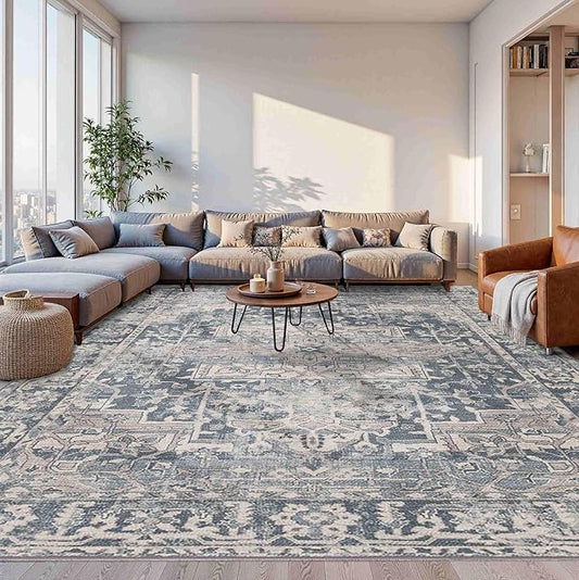 Rugxara 10x14 Area Rugs for Living Room Bedroom, Large Washable Rug, Blue Vintage Retro Boho Rug, Non Slip & Low Pile Faux Wool Thin Carpet for Indoor Dining Room and Kids Room(Blue 10x14ft)