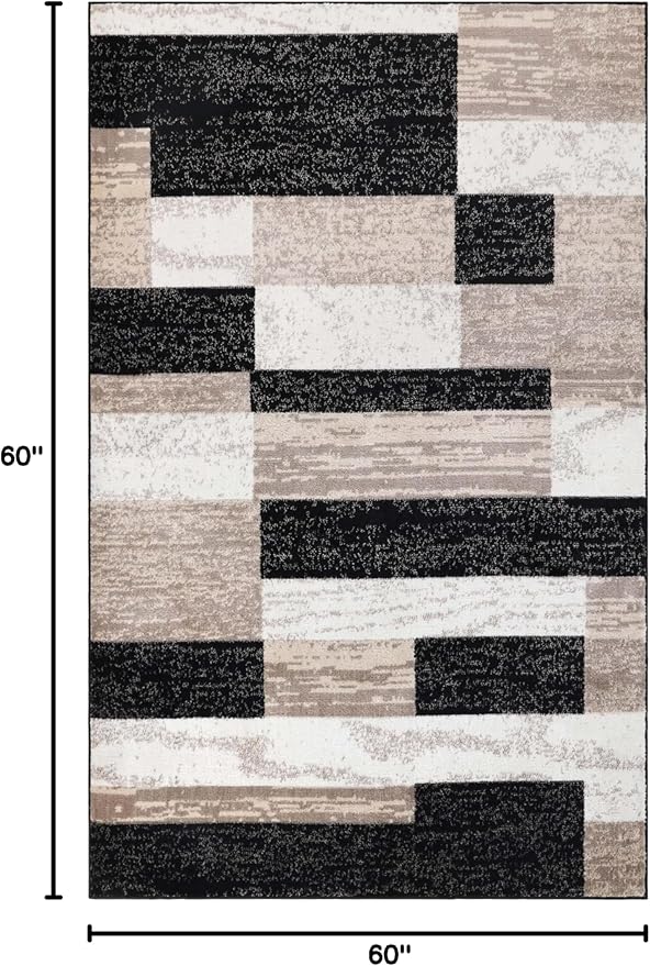 Superior Indoor Area Rug, Jute Backed, Modern Geometric Patchwork Floor Decor for Bedroom, Office, Living Room, Entryway, Kitchen, Hardwood Floors, Rockwood Collection, 5' x 5' Square, Ivory-Beige