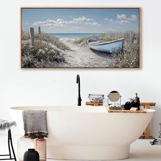 Coastal Wall Art for Living Room Vintage Boat Artwork for Walls, Framed Landscape Canvas Wall Art Blue Ocean Beach Pictures, Farmhouse Sailboat Bedroom Decor Above Bed 24×48IN