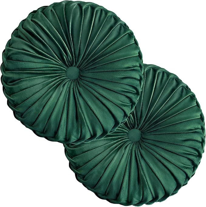 Teieas 2 Pcs Round Throw Pillows Decorative Pumpkin Velvet Boho Pleated Bed Pillows Back Support for Couch Chair Dorm Car 14.96'' (Emerald)