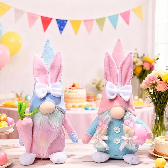 Eimilaly Easter Bunny Gnomes for Pink Blue Decorations, Tomte Gnomes Set Ornaments for Garden or Easter Theme Party Gnome Decor - 2PCS