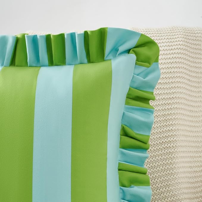 MONDAY MOOSE Decorative Throw Pillow Covers, Set of 2 Water-Resistant Striped Design with Ruffle Edge for Outdoor/Indoor Use, Pillow Inserts Not Included (18x18 inch, Light Green/Light Blue)