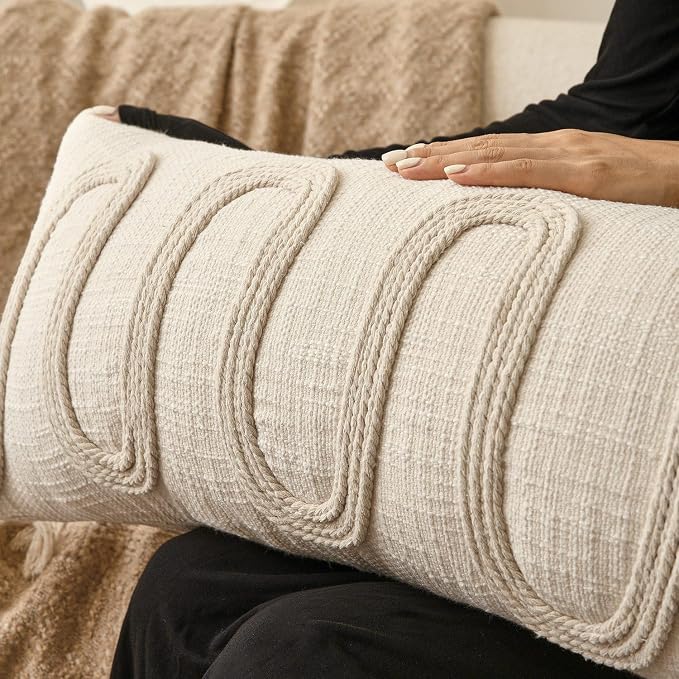 Beige Decorative Lumbar Pillow Cover 12x28, Handwoven Boho Long Body Pillowcase, Farmhouse Linen Cotton Pillow Cushion Case for Sofa, Bed, Living Room, Bedroom