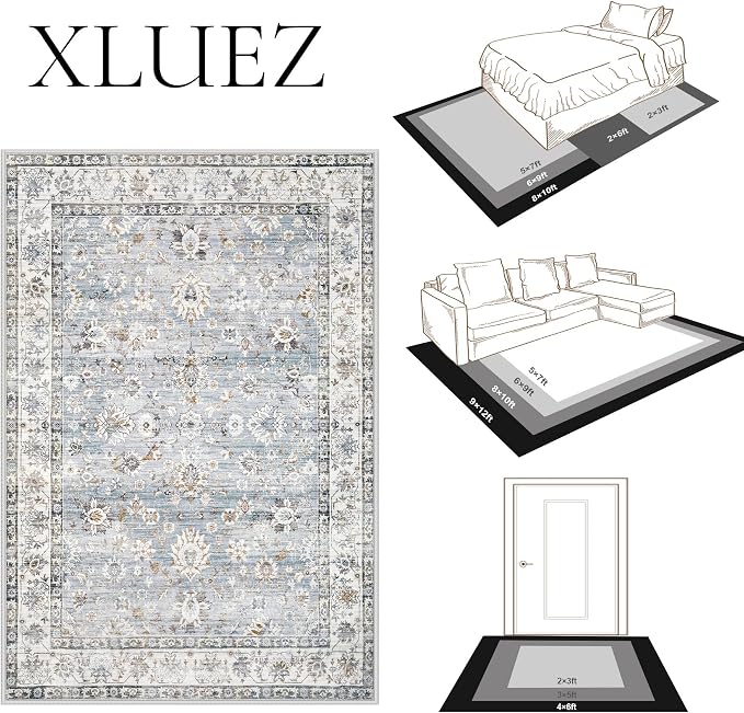 XLUEZ Area Rug 8x10 Living Room Rug, Machine Washable Vintage Distressed Boho Area Rug Non-Slip Soft Low Pile Large Indoor Rugs for Bedroom Kitchen Dining Room Office(Light Blue,8'x10')