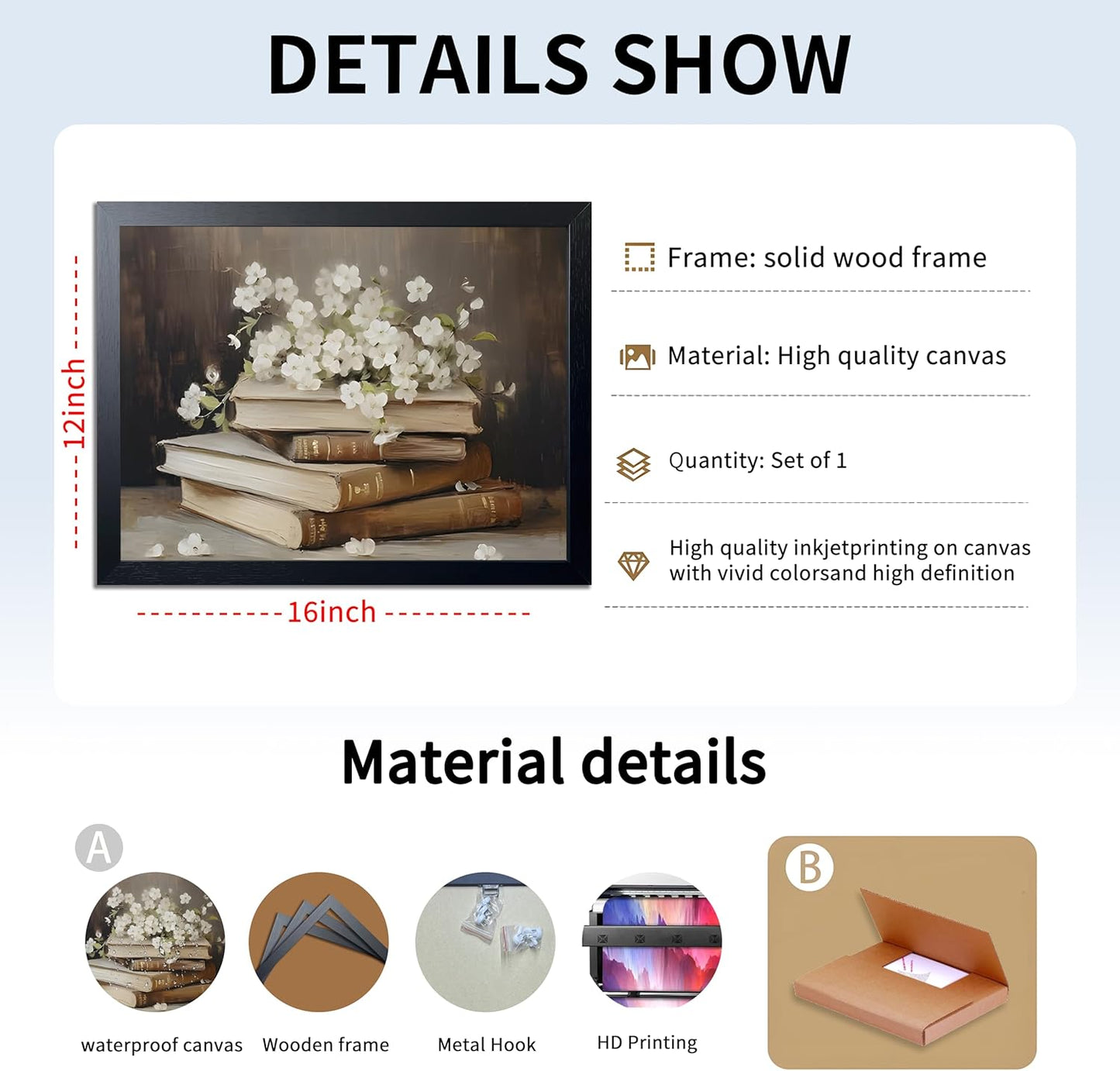 Wood Framed Canvas Poster Print Wall Art, Vintage Floral Book Wall Decor Oil Painting, Dark Academia Room Aesthetics Picture for Bathroom Classroom Dormitory room Decor 12x16 inch