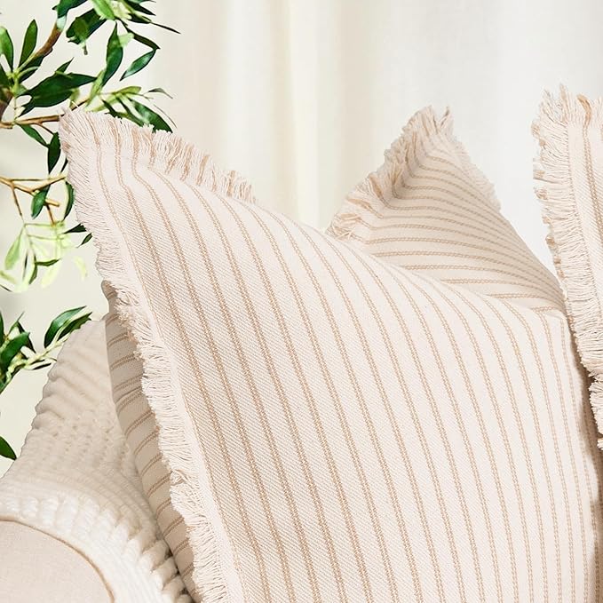 ZWJD Throw Pillow Covers 16x16 Set of 2 Striped Pillow Covers with Fringe Chic Cotton Decorative Pillows Square Cushion Covers for Sofa Couch Bed Living Room Farmhouse Decor, (Khaki)