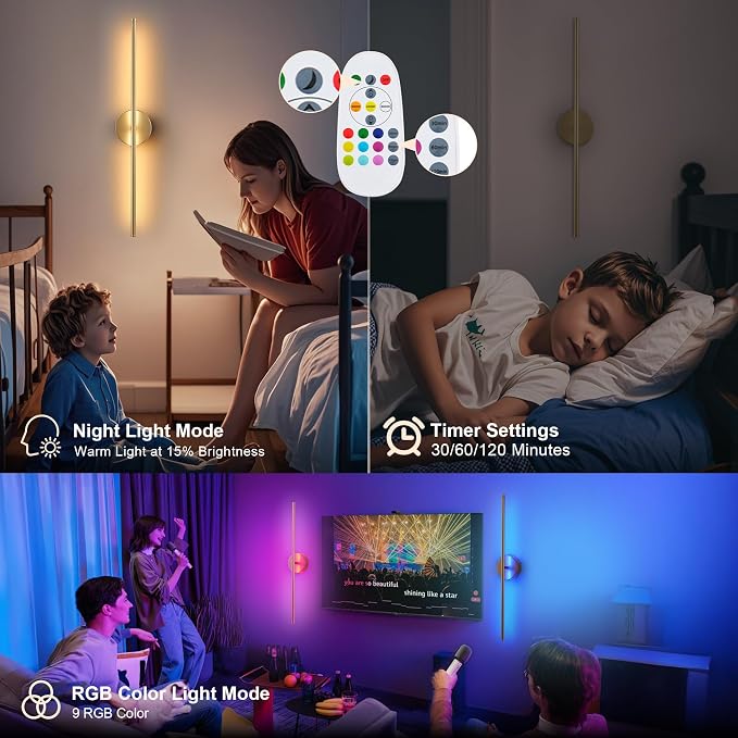 KARTOOSH Battery Operated Wall Sconces Set of Two, with Remote Control, Dimmable, Warm White/Natural White/Daylight/RGB, 350°Rotate, LED Gold Wireless Wall Light for Living Room, Bedroom, 28.3 Inch