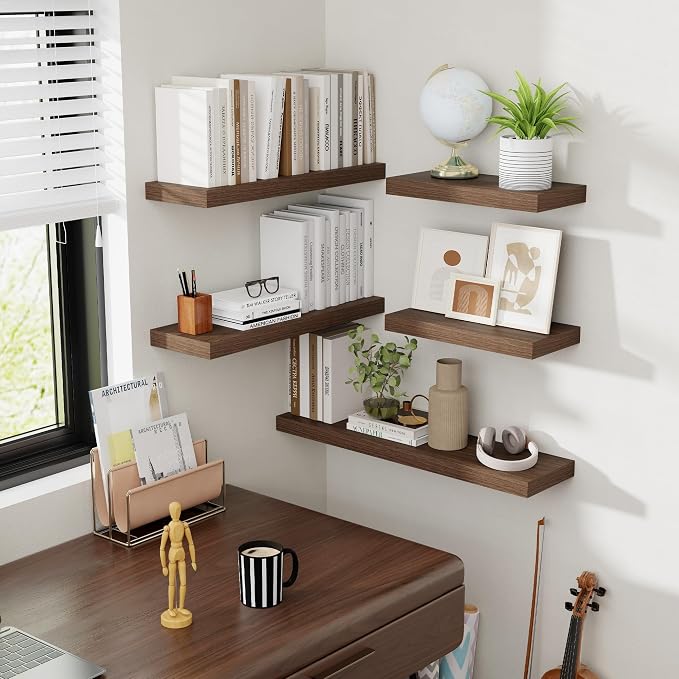 Acovy 30 Inch Floating Shelves, 8 Inch Deep Floating Shelves for Wall, Hanging Shelf with Invisible Brackets, Deep Shelves for Bathroom, Bedroom, Living Room, Walnut, Set of 2
