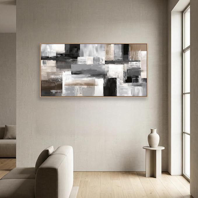 HUADAOART 24x48 Inch Large Framed Canvas Wall Art Modern Abstract Geometric Painting with Neutral Black Grey Beige Blocks Minimalist Textured Artwork Ready to Hang for Living Room Bedroom Home Office Decor