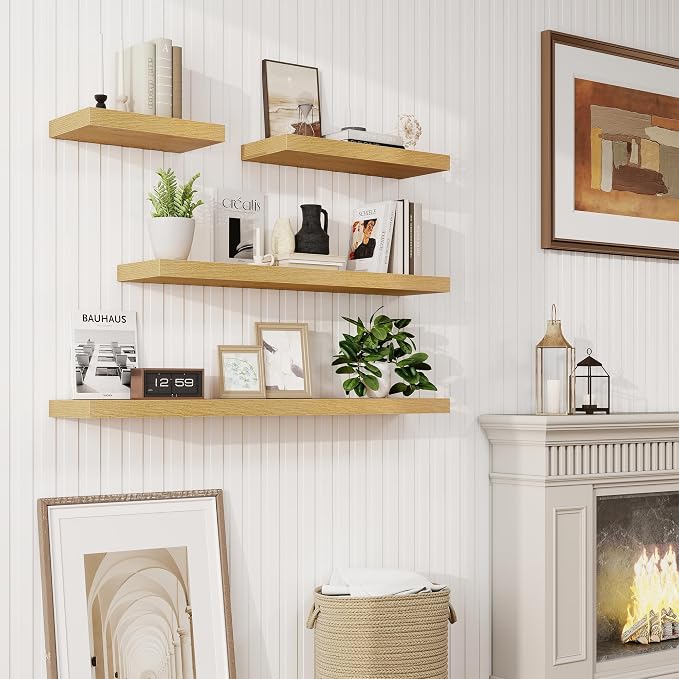 72in Floating Shelves for Wall, 72"W x 9.25"D x 1.5"H, Long Wall Mounted Engineered Wood Shelves with Invisible Brackets for Living Room, Bedroom, Bathroom, Kitchen Decor and Storage, Oak