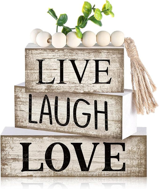Yuntau 5 Pcs Rustic Farmhouse Tiered Tray Farmhouse Fake Books Decoration Life Laugh Love Wooden Tabletop Decor Love Block Decor Wood Block Sign Gift Centerpiece for Shelf Coffee Mantle Kitchen Table