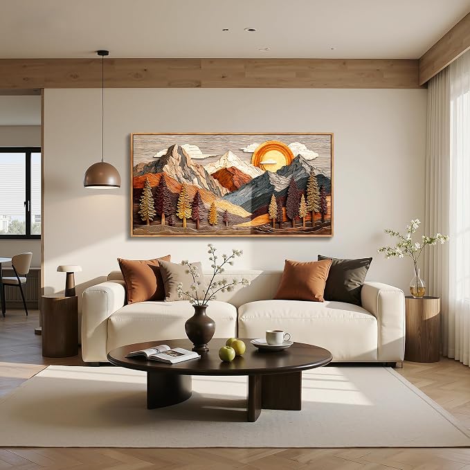 imjiayu Large Framed Wall Art, Mountain Wall Art, Rustic Wall Decor, Abstract Landscape Nature Decor, Sunset Painting Prints, Boho Big Pictures for Living Room Bedroom Hallway Farmhouse 24"x48"