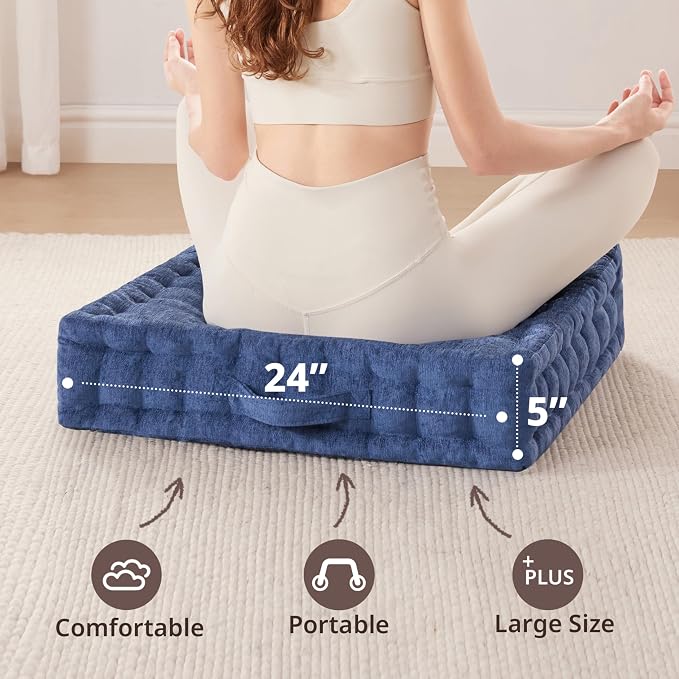 Intelligent Design Azza Floor Pillow, Large Cushions Sitting for Adults, Floor Pillow for Meditation or Yoga, Lustrous Chenille Tufted with Scalloped Edges for Bench/Chair Cushion, 24"x24"x5" Navy