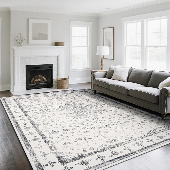 Srugn Washable Rugs 8x10 Area Rugs for Living Room,Rugs for Bedroom,Large Carpets,Ultra Soft Faux Wool Retro Dining Room Rug,Non Slip&Non-Shedding Low Pile Vintage Print Rug for Home Office-Grey