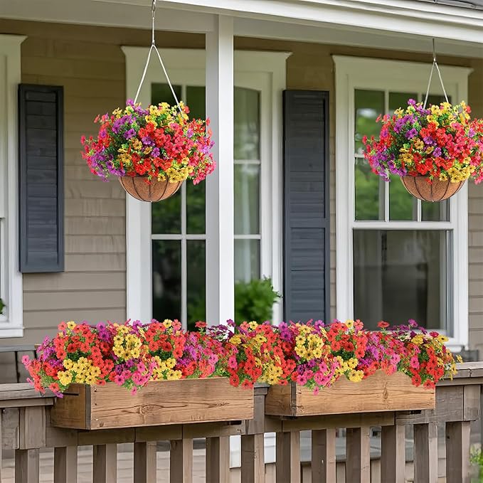 Rowfad 18 Pcs Artificial Daisy Flowers for Outdoors UV Resistant Fake Plastic Colorful Spring Flowers Faux Silk Plants for Outside Porch Easter Patio Home Decor (18, Red, Purple, Yellow, Rose Red)