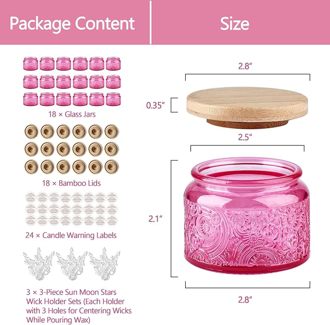 4 oz Pink Sun Moon Stars Candle Jars with Bamboo Lids, 18 Pack | Patented Embossed Design, Includes Wick Centering Devices & Warning Labels, Multiple Color Options