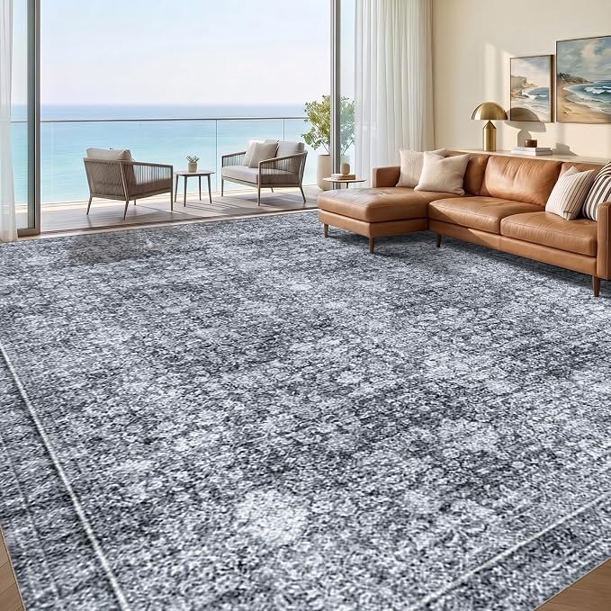 Sasttie 9x12 Area Rug, Ultra-Soft Washable Rug, Low Pile Foldable Thin Carpets with Non-Slip Backing, Skin-Friendly Stain Resistant Carpet for Living Room, Bedroom, Kitchen, Dorm, 9x12, Black Grey