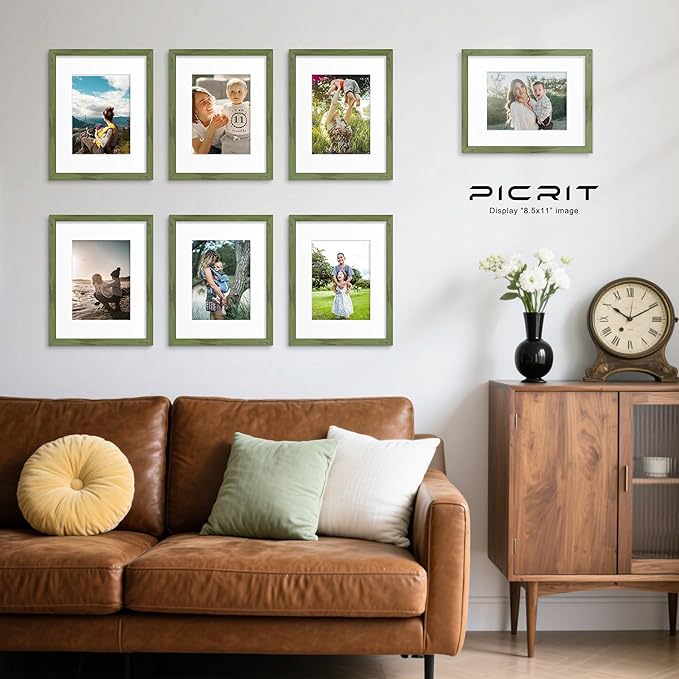 Picrit 8.5x11 Picture Frame Set of 12, Display 6x8 with Mat or 8.5 x 11 without Mat, Photo Frames for Wall Mounting or Table Top Display, Green Wood Grain