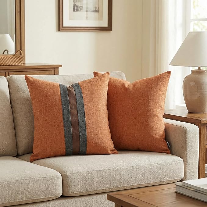 BOYSUM Set of 2 Leather Throw Pillow Covers Cotton Linen Decor Patchwork Pillow Cover Faux Leather Pillows Cover for Couch Sofa Living Room Bedroom,Orange 16"x16"
