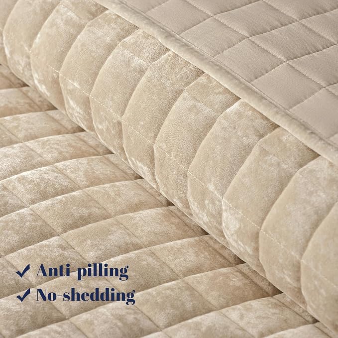 PHF Luxurious Velvet Quilt Set Twin Size – 2PCS Super Soft Quilted Comforter Alternative with Square-Box Quilt Pattern, Warm Quilted Bedspread Coverlet, 68" x 92", Oxford Tan