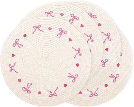 Whaline 4Pcs Round Placemats White Pink Bow Embroidered Place Mats Coquette Bowknot Heart Dinner Table Mats for Home Wedding Baby Shower Birthday Party Decor