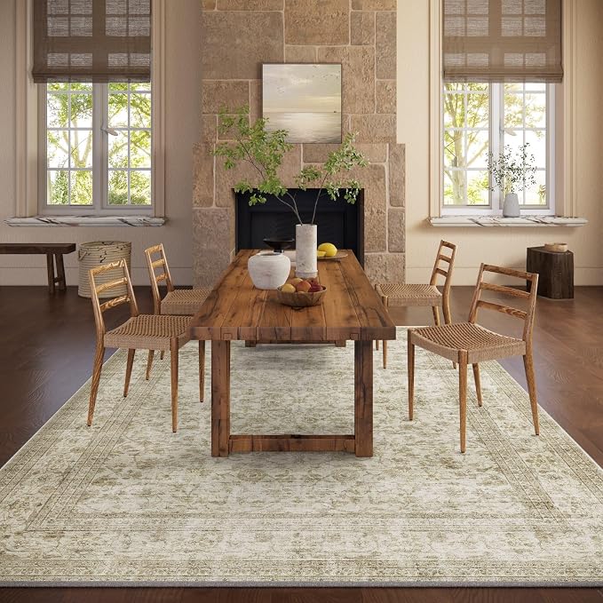 10x14 Area Rug Washable Rugs: Large Living Room Rug Stain Resistant Non Slip Distressed Vintage Low Pile Faux Wool Soft Carpet for Bedroom Farmhouse Dining Room Kids Playroom Nursery