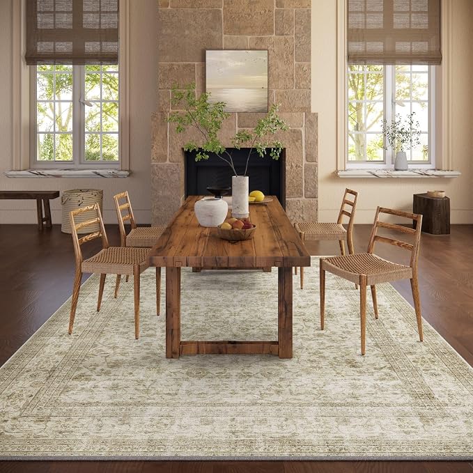 10x12 Area Rug Washable Rugs: Large Living Room Rug Stain Resistant Non Slip Distressed Vintage Low Pile Faux Wool Soft Carpet for Bedroom Farmhouse Dining Room Kids Playroom Nursery