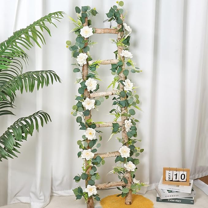 2PCS Flower Garland 6.2FT Artificial Rose Flowers Garland Wall Vines Greenery White Roses Eucalyptus Garlands for Wedding Table Runner Arches Backdrop Party Centerpiece Room Decor
