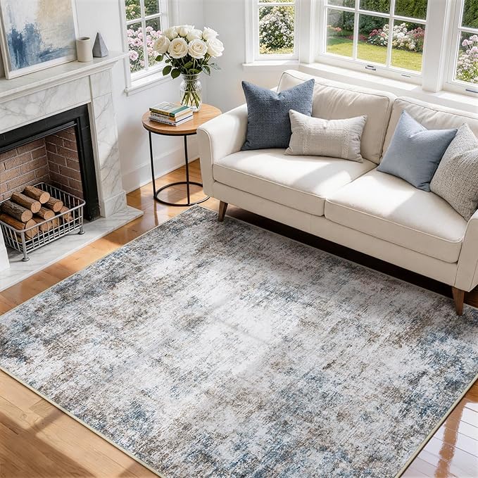6x9 Area Rugs for Living Room Rug Washable: Abstract Rug for Dining Room Bedroom Carpet Non Slip 6 by 9 Indoor Modern Nursery Home Office White Brown Blue