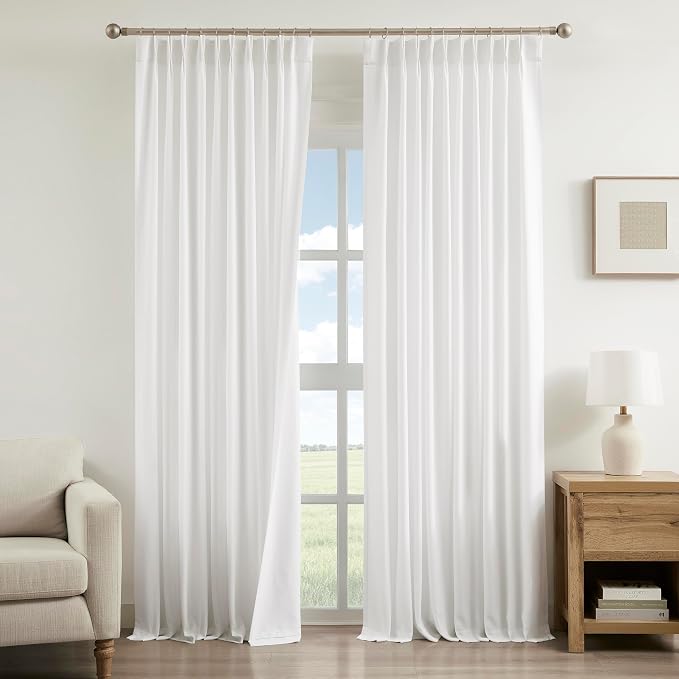 Vision Home White Pinch Pleated Light Filtering Curtains 60" Wx108 Lx2 | Microfiber Liner, Linen Blended, Privacy Drapes, Back Tabs with Ring Hooks, 2 Panels, for Living Room Bedroom Sliding Door