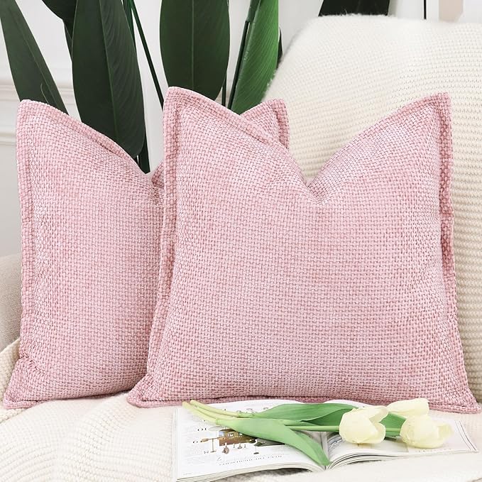 MADIZZ Decorative Chenille Velvet Throw Pillow Covers Set of 2 Soft Boho Textured Neutral Couch Throw Pillow for Bed Modern Farmhouse Home Decor for Sofa Livingroom Pink 20x20 Inch
