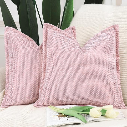 MADIZZ Decorative Chenille Velvet Throw Pillow Covers Set of 2 Soft Boho Textured Neutral Couch Throw Pillow for Bed Modern Farmhouse Home Decor for Sofa Livingroom Pink 20x20 Inch