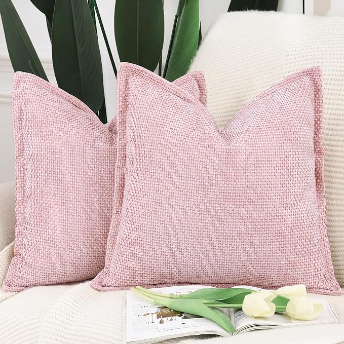 MADIZZ Decorative Chenille Velvet Throw Pillow Covers Set of 2 Soft Boho Textured Neutral Couch Throw Pillow for Bed Modern Farmhouse Home Decor for Sofa Livingroom Pink 24x24 Inch Euro Sham