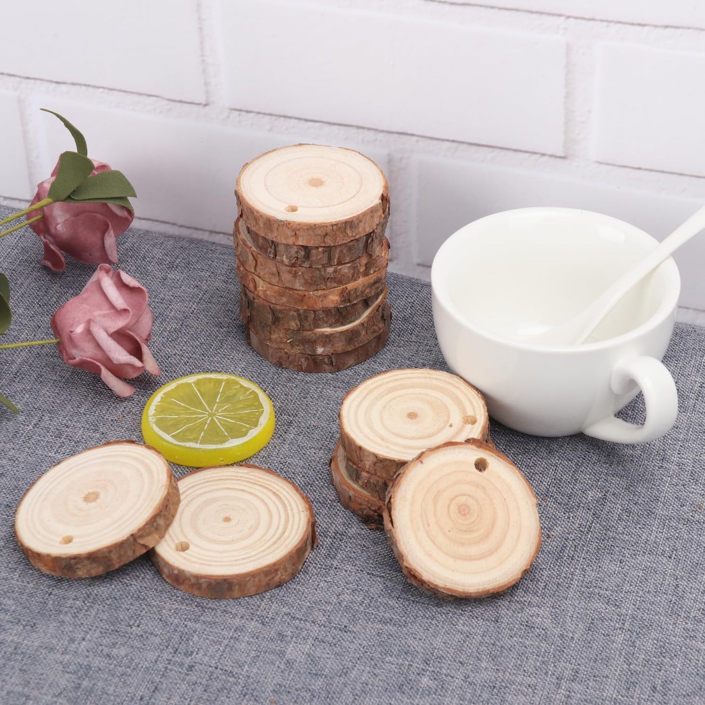 80 PCS 2.4-2.8 Inch Small Wood Slices with Hole, Mini Wood Slices with Rope for DIY Arts Craft Christmas Ornaments