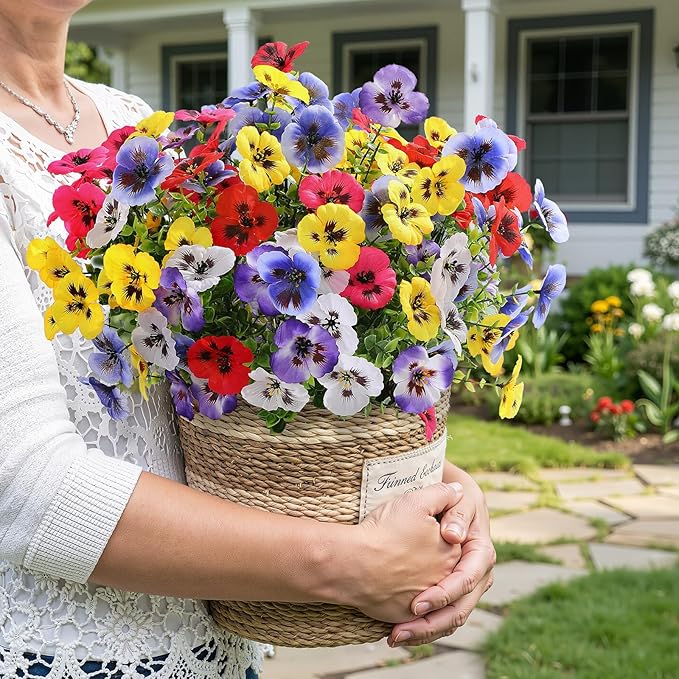 Alupssuc 24 Bundles Artificial Flowers for Outdoors, Fake Spring Flowers for Decoration, UV Resistant Realistic Pansies with Eucalyptus Silk Faux Flowers for Porch Patio Yard, 6 Mix Colors