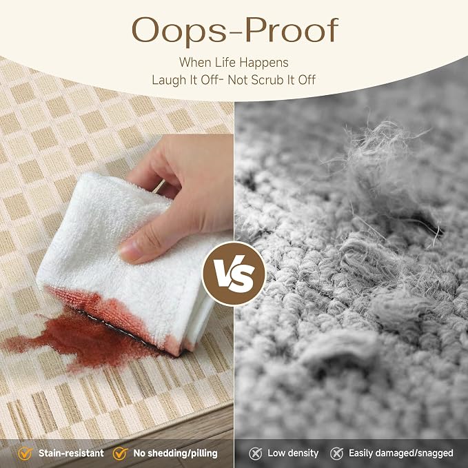 PureCozy Machine Washable Beige 8x10 Area Rugs for Living Room Modern Soft Large Checkered Rug Non-Slip Low Pile Accent Indoor Office Carpet for Bedroom Dining Room Nursery Classroom