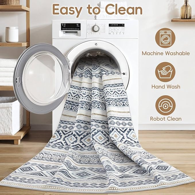 cotiled 8x10 Area Rug Living Room: Washable Boho Rugs with Non Slip Backing Large Soft Indoor Stain Resistant Carpet for Bedroom Farmhouse Dining Room Lightweight Home Decor Blue